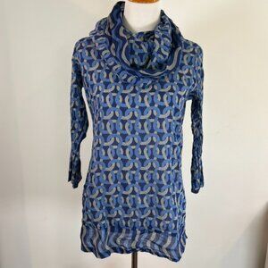 Gretchen Scott Designs Blue and Gray Geometric Cowl Neck Top